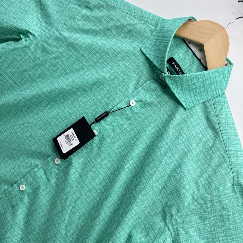 Bugatchi Shirt Mens M Emerald Green Crosshatch Fish Flip Cuff Button Classic Fit